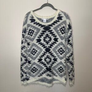 Say What Aztec Tribal Fuzzy Eyelash Knit Black White Pullover Sweater - Size M
